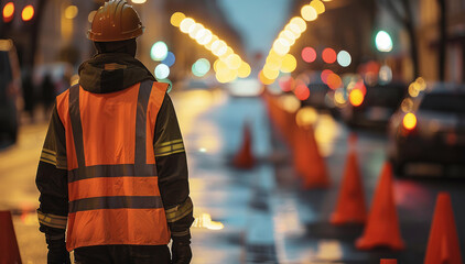 Wall Mural - A man in a reflective vest walks down a street with orange cones.