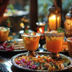 Poster - Elegant Indian dining, rich fruit juices, beautifully garnished and presented with vibrant colors and traditional tableware in a warm, luxurious setting.