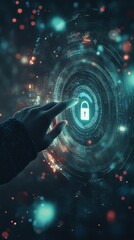 Hand pointing at a glowing padlock symbol on a digital screen with cyber effects. Data encryption and security concept.