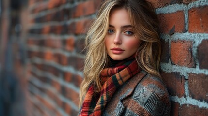 Stylish Woman Posing Against Brick Wall in Tailored Blazer, Turtleneck, and Ankle Boots with Plaid Scarf Accent