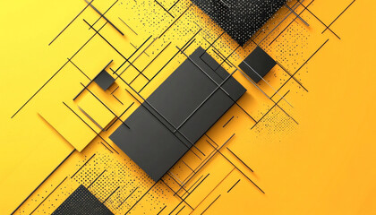 Wall Mural - abstract geometric background with black lines and squares over yellow background