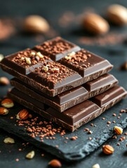 Delicious chocolate bars stacked on a slate surface, garnished with nuts and cocoa, perfect for dessert lovers and culinary art.