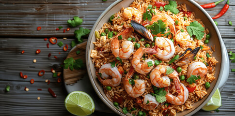 Poster - A seafood fried rice dish with fresh shrimps, squid, and mussels, served with chili and lime, beautifully arranged on a white plate, with a wooden table as the background.