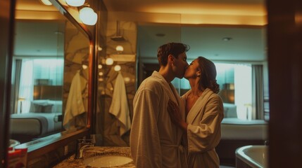 Wall Mural - A man and woman are kissing in a bathroom. The man is wearing a robe and the woman is wearing a robe as well