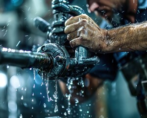 Worker fixing machinery with water splashes