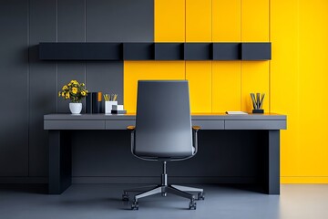Poster - Mustard yellow and grey color palette, used in a minimalist home office setup with clean lines and modern design