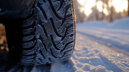 Wall Mural - Close-up, Black Winter Car Tire on Snowy Road, Golden Morning Sunlight, Safe Winter Driving Concept.