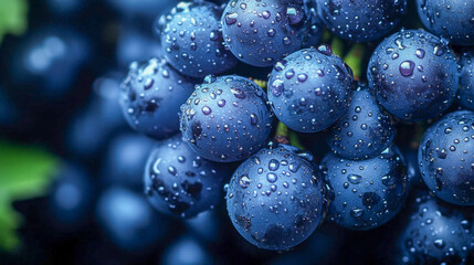 Ripe blue grapes covered in water droplets are ready for harvest