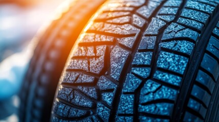 Wall Mural - Close-Up of Winter Car Tires, Detail of Tire Tread in Snow with Soft, Golden Morning Sunlight