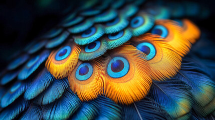 Beautiful vibrant peacock feathers are showing their amazing iridescent colors of blue and orange