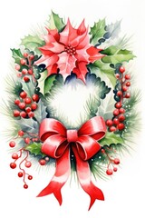 Wall Mural - Christmas wreath of leaves, berries, flowers and red flowers on a white background.