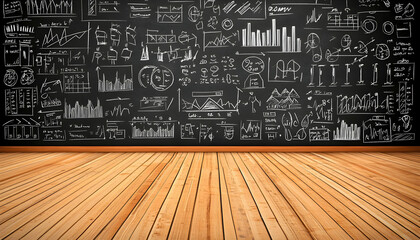 Wall Mural - A blackboard filled with handwritten charts and graphs, with a wooden floor in the foreground.