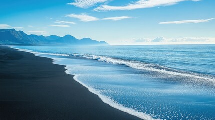 A calm blue sea washes onto the black sand beach, with distant mountains silhouetted against the sky.