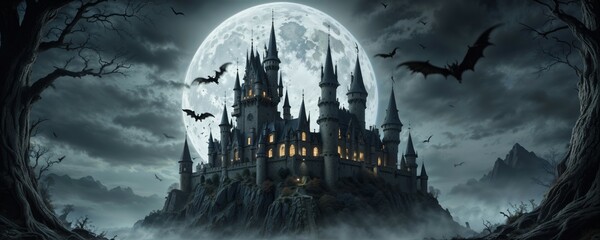 A haunted castle with bats and a full moon in the background