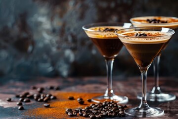 Coffee Cocktails. Martini Beverages with Espresso and Coffee Beans