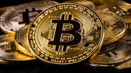 Close-up of a stack of golden Bitcoin coins with intricate details and a black background.