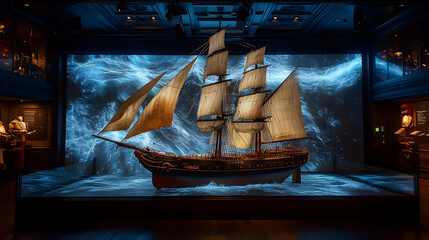 A majestic ship model displayed against a captivating blue ocean backdrop.