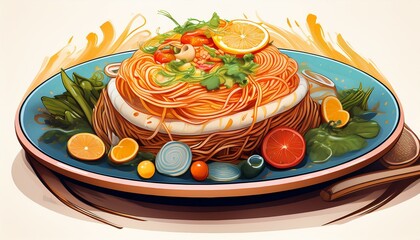 Wall Mural - Illustration of Delicious Food on a Plate, Yummy Food Concept