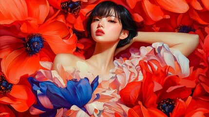 Full body oil painting of an elegant Asian woman in a ruffled skirt and floral blouse, holding a large bouquet, short hair with bangs, vibrant textured art.