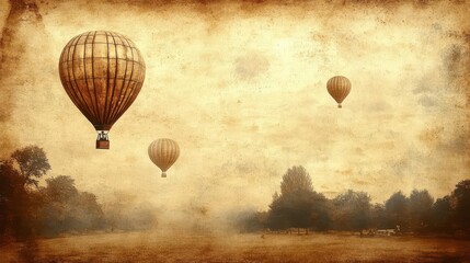 Vintage hot air balloon festival, steampunk, sepia tones, watercolor