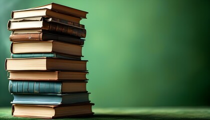 Colorful stack of books resting on a vibrant green backdrop with elements of generative AI creativity