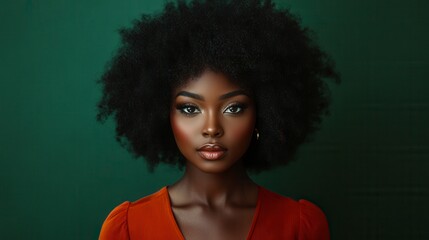 Beautiful black woman with afro hairstyle posing on green background