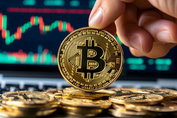 A hand holding a Bitcoin coin over a stack of Bitcoin coins with a stock chart in the background.