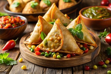 Intricate details of a Traditional Indian samosa reveal the layers of flaky crust and fragrant fillings, crafted to