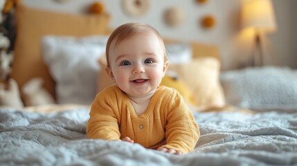 Canvas Print - A baby is smiling and laying on a bed. The bed is covered in pillows and blankets