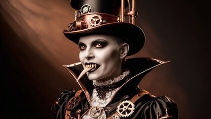 A detailed close-up of a person in a steampunk vampire costume, with metallic accessories and sharp fangs, captured in warm, glowing light for a unique Halloween portrait