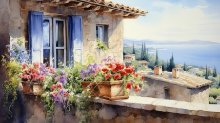 Wall Mural - View of the bay from a balcony with flowers in Italy. Scenic open balcony on a sunny summer day of the Mediterranean Sea and Italian coastline from a room.