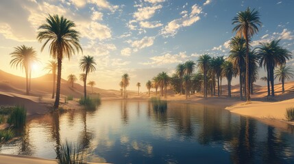 Wall Mural - A deserted desert oasis with crystal-clear water and tall palm trees, surrounded by endless dunes under a scorching sun.