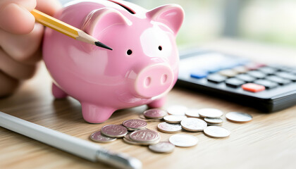 A piggy bank, pencil, calculator, and coins on a wooden surface.