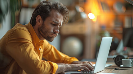 Wall Mural - An office worker slumped over their desk, their posture strained and uncomfortable, with a look of discomfort on their face.