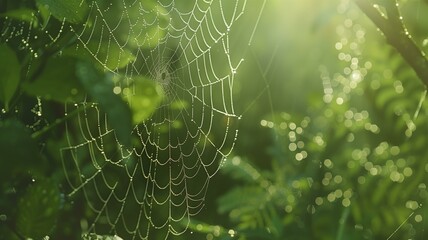 Close-up of spider webs adorned with morning dew in soft natural light