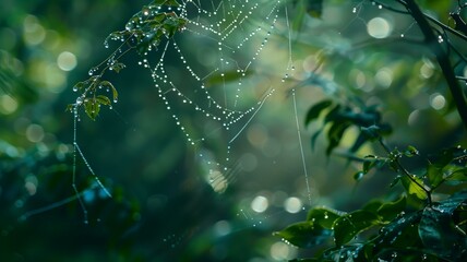 Close-up of spider webs adorned with morning dew in soft natural light