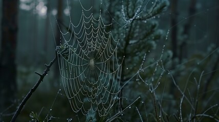 Close-up of spider webs adorned with morning dew in soft natural light