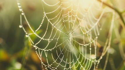Close-up of spider webs adorned with morning dew in soft natural light