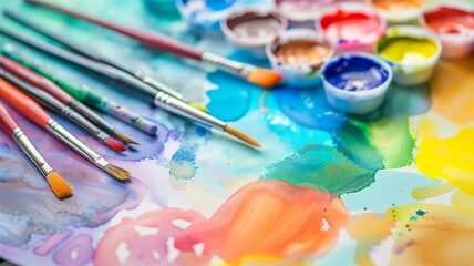 Vibrant close-up of watercolor paint set with brushes on an artist's palette