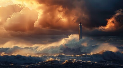 Canvas Print - A Lighthouse Standing Tall Amidst a Dramatic Stormy Sea