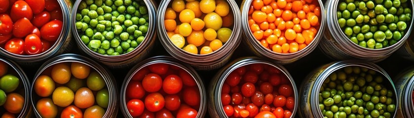 Colorful Array of Canned Vegetables - Endless Pattern of Vibrant Tomatoes and Peas for Packaging Design