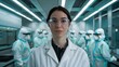 © kasun - Beautiful young woman scientist wearing white coat and glasses in modern Medical Science Laboratory with Team of Specialists on background.