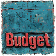 A textured, retro-style image displaying the word 'Budget' in bold, distressed red letters on a rugged blue background, combining modern and vintage design elements.