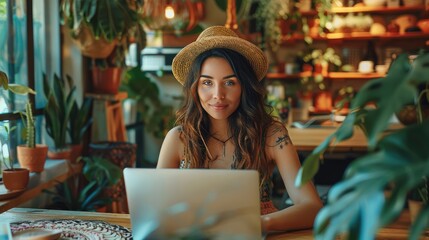 Poster - A futuristic workspace featuring recycled materials and sustainable, with a woman in bohemian attire working on a laptop, highlighting the eco-friendly aspect of communication.