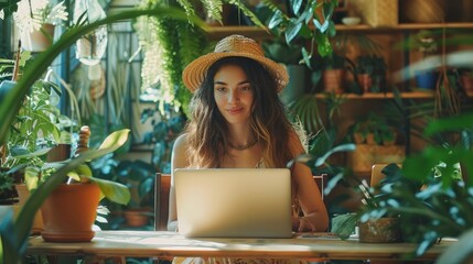 Poster - A futuristic workspace featuring recycled materials and sustainable, with a woman in bohemian attire working on a laptop, highlighting the eco-friendly aspect of communication.