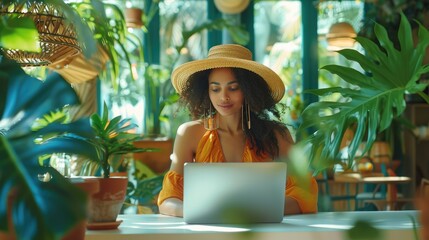 Poster - A futuristic workspace featuring recycled materials and sustainable, with a woman in bohemian attire working on a laptop, highlighting the eco-friendly aspect of communication.