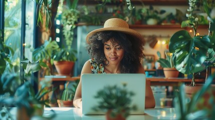 Poster - A futuristic workspace featuring recycled materials and sustainable, with a woman in bohemian attire working on a laptop, highlighting the eco-friendly aspect of communication.