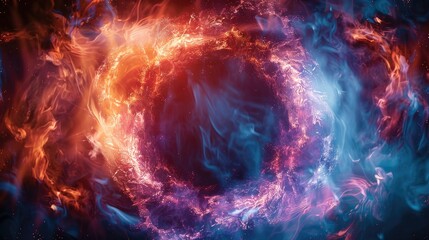 Aufkleber - A glowing ring of intertwined energy, composed of vibrant red, blue, and purple flames swirling against a dark background. The intense colors and fluid motion.