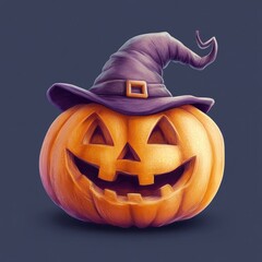 Cartoon halloween realistic pumpkin wearing witch hat isolated