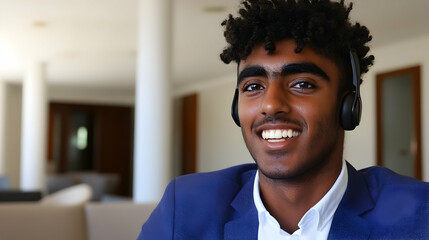 Smiling businessman with headphones in modern office.